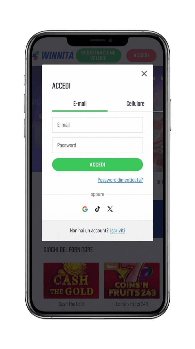 Modulo di registrazione Winnita su mobile